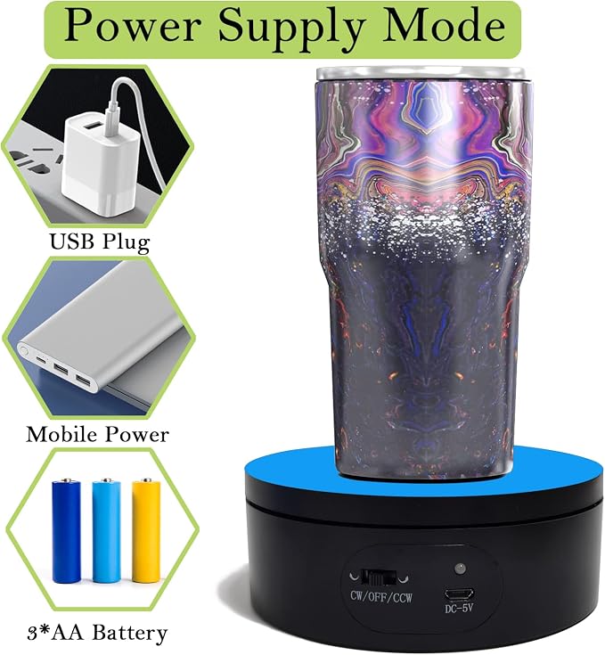 YVV Motorized Rotating Display Stand,Turner Cup Platform for Epoxy Glitter Tumbler, 360 Automatic Mute Rotating Turntable, Tumbler Making Supplies Spinner, Base for Product Video Show ,Balck 4.72in