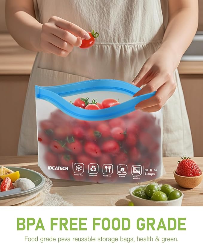 IDEATECH 12Pack Food Storage Bags Dishwasher Safe, BPA Free Reusable Snack Bags, Leakproof Reusable Gallon Freezer Bags for Lunch,Travel(2Gallon 4Quart 4Snack, Colored)