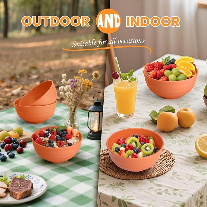Large Bowl Set of 8, 60 oz Orange Wheat Straw Bowls, Unbreakable & Microwave Safe, Big Soup and Salad Bowls for Wedding, Party, Camping, Family Dining