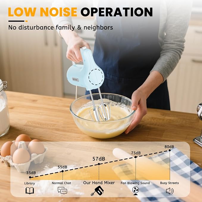 Lord Eagle 5-Speed Small Hand Mixer Electric, 300W Compact Portable, Blue | Handheld Kitchen Mixer Egg Beater with 5 Attachments & Storage Bag, Cake Supplies for Bread Dough Baking, Lightweight