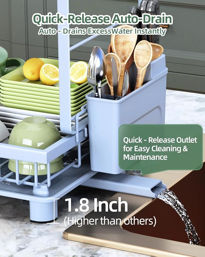 2-Tier Dish Drying Rack for Kitchen Counter, Space-Saving, Blue | Rustproof Carbon Steel, Auto Drain Spout, Space-Saving Dish Rack with Drainboard, Utensil & Cup Holders, Countertop Organizer