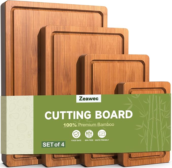 4-Piece Set Deep-Carbonized Bamboo Cutting Board for Kitchen, Carbonized | Crack-Resistant Wood Chopping Boards with Deep Juice Grooves, Pre-Oiled Butcher Block for Meat, Vegetables & Cheese