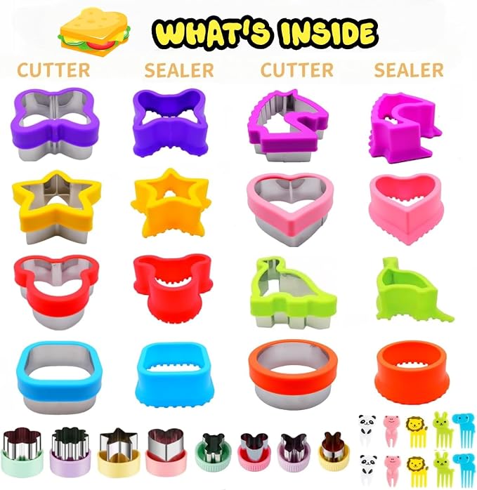 Uncrustable Sandwich Cutter, Crustless Sandwich Cutter and Sealer Set | 26PCS Sandwich Cookie Cutters & Forks, Heart Star Dino Mouse Butterfly Unicorn etc Shapes, Lunch & Bento Box Accessories