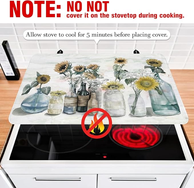 Sunflower Stove Top Cover for Electric Stoves,Spring Summer Floral Colorful Farmhouse Stove Top Cover Heat Resistant Cooktop Protector Non-Slip Washable Dish Drying Mat for Kitchen Decor 28"x20"
