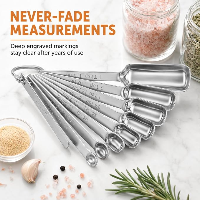 9 Pcs Measuring Spoons Set with Leveler, Metal Teaspoon & Tablespoon Measuring Spoons for Cooking & Baking, Fits in Spice Jars, Kitchen Gadgets for Dry & Liquid Ingredients