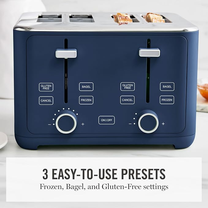 Martha Stewart 4-Slice Toaster, 3 Presets & 10 Shade Settings, Indigo Blue | Gluten-Free, Bagels, Extra-Wide Self Centering Slots, Waffles & Artisan Bread, Shade Memory, Cord Wrap & Removable Crumb Tray