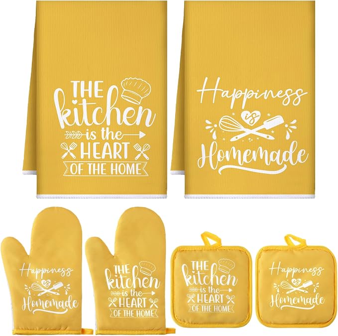 Sratte 6 Pcs Kitchen Decor Accessories Set, Yellow | Farmhouse Kitchen Towels Pot Holders Oven Mitts Set 2 Dish Towels 2 Potholders 2 Cooking Mittens for Baking Cooking Supply