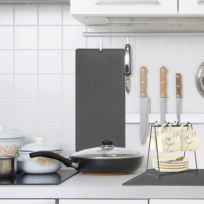 Dish Drying Mats, Heat-resistant Silicone Mat for Kitchen Counter, Non-Slip Dish Dry Mat Dishwasher Safe Medium, Gray