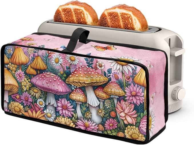 Mushroom Print Toaster Cover with Top Handle, Foldable Toaster Cover 2 Slice Washable Long Slot Slim Dust Covers for Most Toasters, Small Appliance Covers for Kitchen Decor