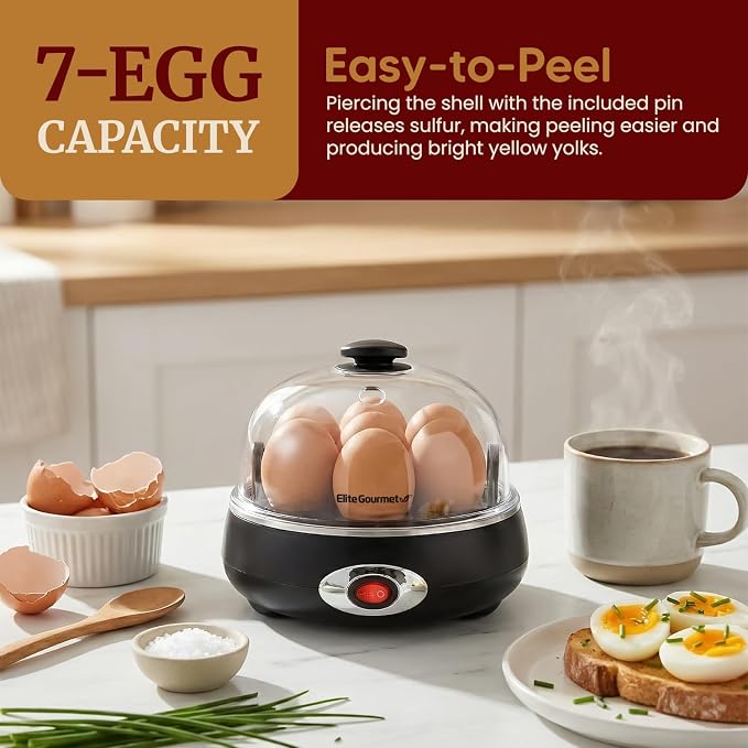 Elite Gourmet EGC007CHC Rapid Egg Cooker, 7-Egg, Charcoal Grey | Poaches, makes omelets, cooks easy-to-peel hard, medium, soft-boiled eggs - auto shut-off, alarm, 16-recipe booklet included