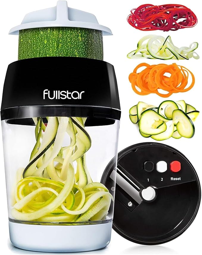 Fullstar Vegetable Spiralizer & Slicer, Veggie Noodle Maker Kitchen Gadget | 4 in 1 Compact Vegetable Slicer & Zucchini Noodle Maker with Sharp Stainless Steel Blades & A Safety First Design
