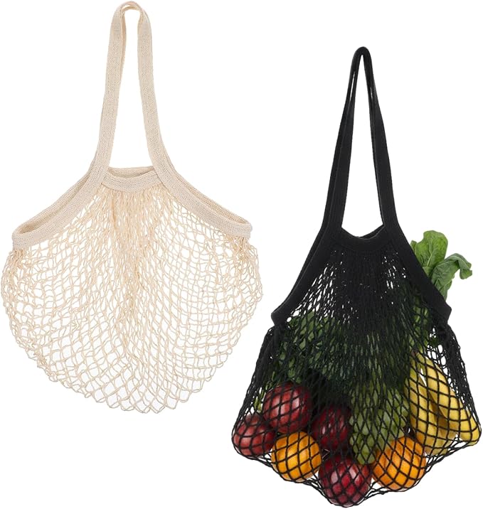 Mabor 2-Pack Cotton Mesh Grocery Bags, Reusable & Foldable Net Produce Bags for Shopping, Beige & Black