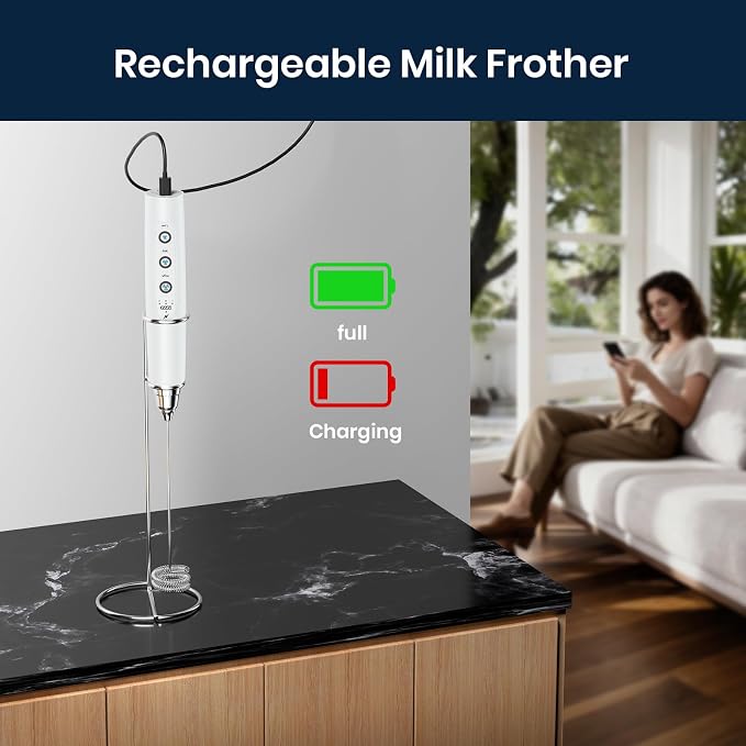 Milk Frother Wand Rechargeable Handheld Electric Whisk 3 Speed Adjustable | Coffee Frother Wand with 3 Stainless Whisks Electric Foam Maker Drink Mixer Blender for Latte Cappuccino Matcha Egg