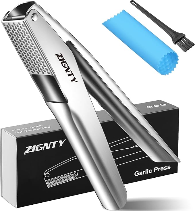 Garlic Press Stainless Steel, Professional Garlic Mincer Tool | No Need to Peel, Dual Lever-Assisted Garlic Masher, Large Chamber, High Effective Garlic Crusher & Presser, Dishwasher Safe