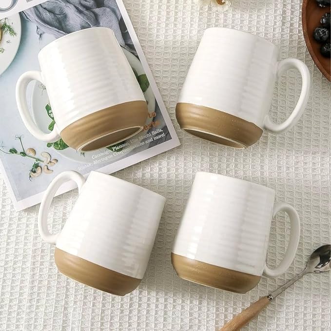 HASENSE Coffee Mugs Set of 4, 15oz Ceramic Coffee Cups with Handle, Two-Tone Design for Cappuccino Latte Tea, Large Microwave Dishwasher SafeMug Set, Housewarming Gift, Creamy White