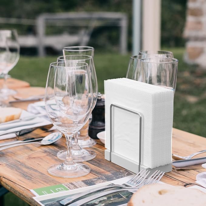 Wican Napkin Holder for Table, Bamboo Iron Standing Napkin Dispenser | Kitchen Dining Table Farmhouse Cocktail Picnic Rustic Wood Holders, Mail Bills, Suitable Dining Room Decors, Silvery & White