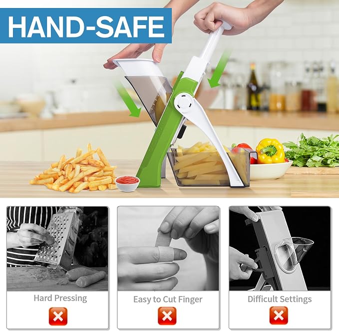 Safe Mandoline Slicer for Kitchen, Vegetable & Food Cutter, Easy to Clean | Safe Mandoline Slicer for Kitchen, Easy to Clean/Storage, Potato Slicing,Strips,Shredding,Dicing,Cleaning brush(Green)