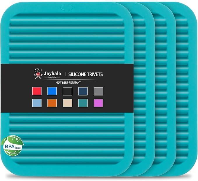 4 Pack Square Silicone Trivets | Hot Pads for Kitchen, Hot Pots and Pans, Hot Dishes, Countertops, Heat Resistance to 480°F, Dark Green
