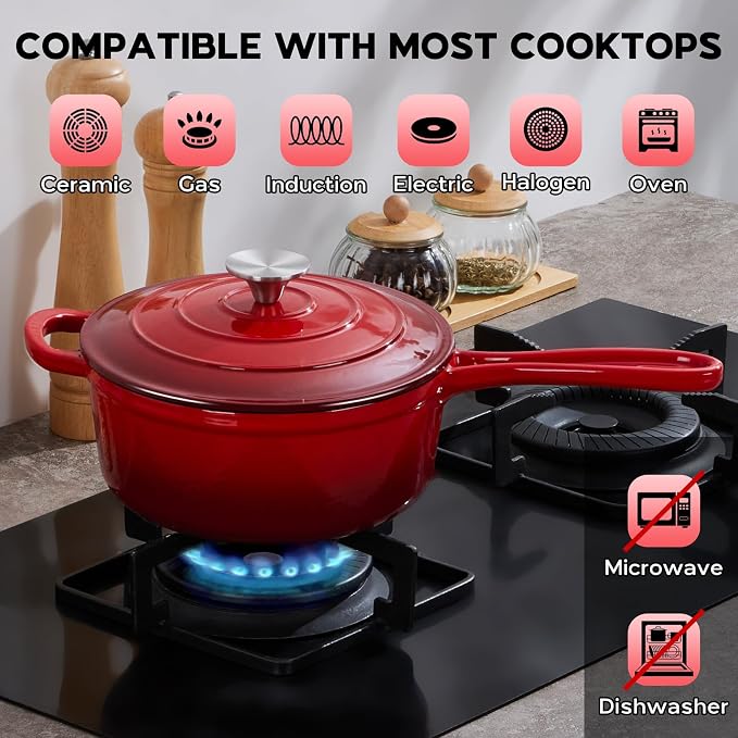 Onader Cast Iron Sauce Pan Pot, 3QT Small Saucepan with Lid, Enameled Cast Iron Dutch Oven Cooking Kitchen Pot, Nonstick & Heavy Duty – Red