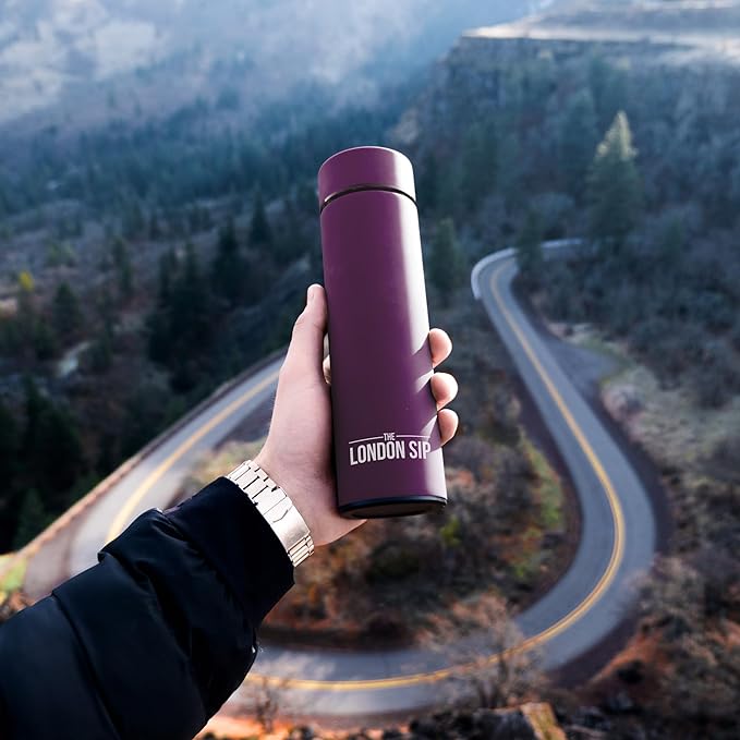 The London Sip Multi-Purpose Travel Mug and Tumbler Fruit Infused Flask Hot and Cold Double Wall Stainless Steel Thermos with Extra-Long Infuser, Purple