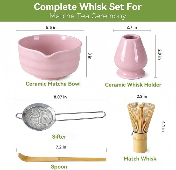 Matcha Whisk Set with Elegant Pink Ceramic Bowl - Complete Matcha Making Kit, Bamboo Whisk (Chasen), Holder, Matcha Sifter, Scoop, Traditional Tea Ceremony Tools