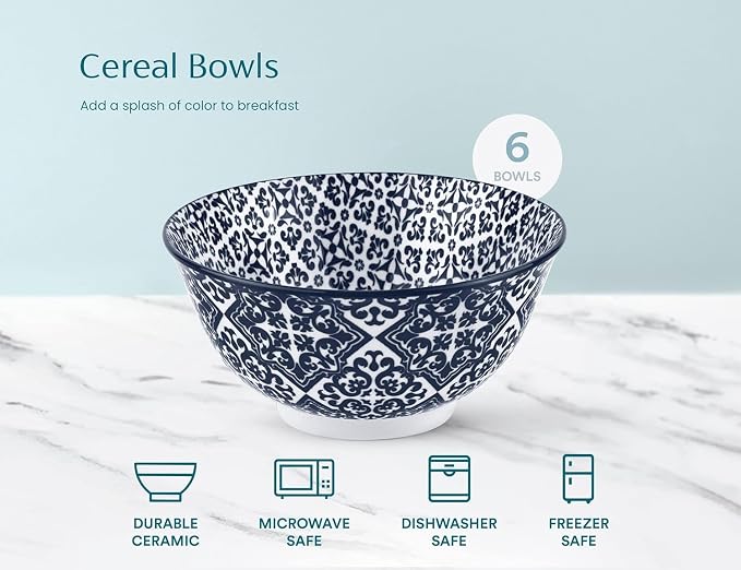 KooK Soup Bowl, Cereal Bowl, Ceramic Cereal Bowls, Microwave, Dishwasher and Freezer Safe, Porcelain Dishes for Soup, Pasta, Salad, Oatmeal, Deep Interior (White & Blue)