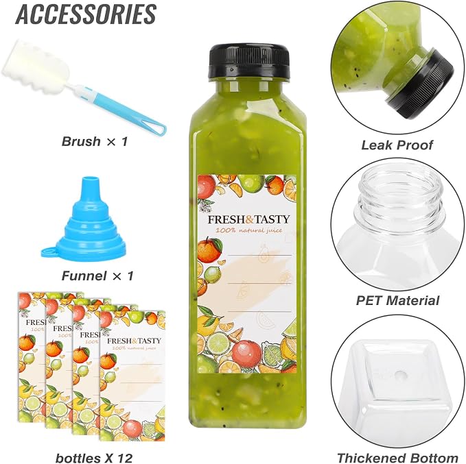 TOMNK 12pcs 16oz Plastic Juice Bottles with Caps, Sticker Labels, Brush | Reusable Clear Bottles with Lids and Labels, Funnel, Brush Beverage Containers for Juicing, Smoothies, Tea, Milk