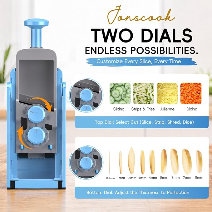 7-in-1 Safe Mandoline Slicer for Kitchen, Vegetable Slicer with Container | Adjustable 0.1-8mm Veggie Mandoline, French Fry Cutter, Potato/Tomato/Onion Slicer, Grater/Cleaning Brush (Blue)
