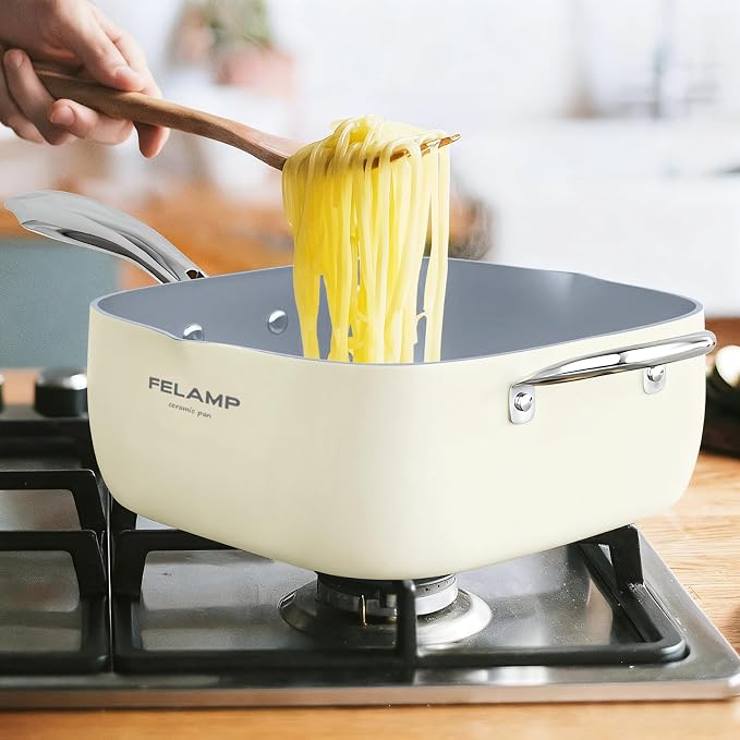 FELAMP 9.5-Inch Ceramic Nonstick Deep Square Frying Pan Set with Glass Lid, Stainless Steel Fry Basket & Steamer Rack, Induction Compatible, Oven &Dishwasher Safe, 4-Piece Square Pan Chef Cookware Set
