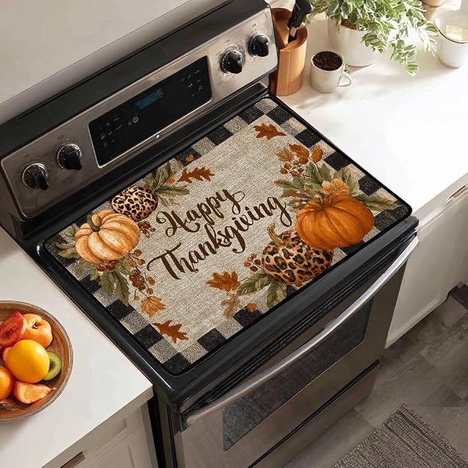Thanksgiving Day Stove Top Cover for Electric Stove Fall Heat Resistant Glass Cooktop Cover,Check Pattern Glass Cooktop Protector,Autumn Maple Leaves Stove Top Protector