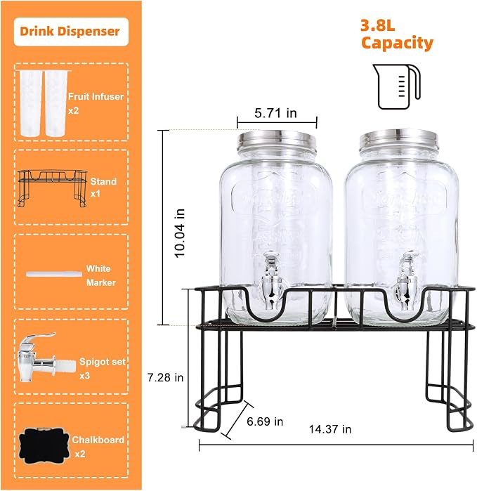 1 Gallon Glass Drink Dispensers For Parties-Set of 2,Leak-Proof Spigot | 4L Drink Dispenser with Fruit Infuser & Stand,Juice or Beverage Dispenser for BBQ,Picnic,Weddings,Lemonade Stand Supplies