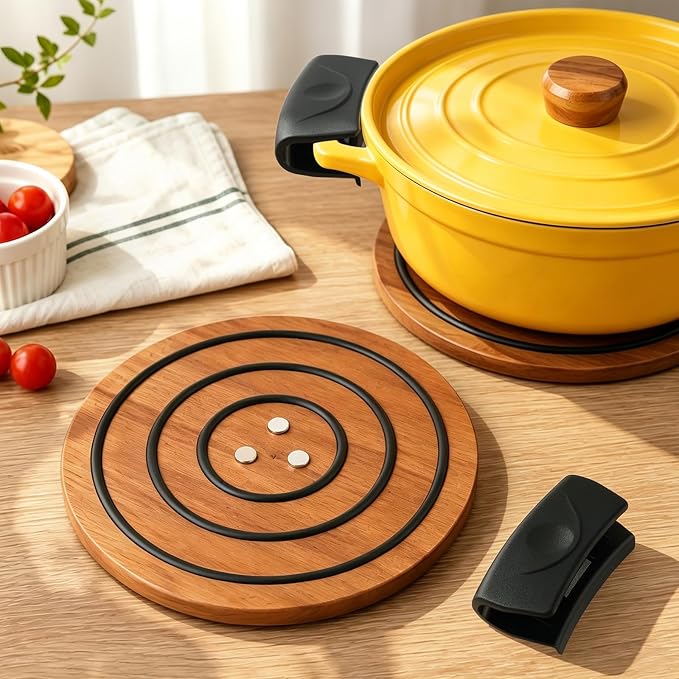 8 Inch Upgraded Strong Magnets Wooden Trivet, Wood Trivet with 3 Heat‑Resistant Silicone Rings, Magnetic Pot Holder for Cast Iron Pots, Pans & Hot Dishes, Includes 2 Silicone Pot Grips