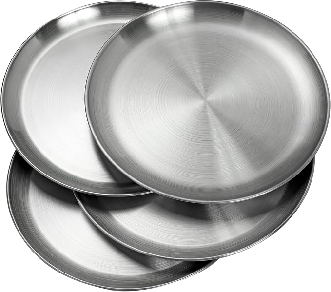 CAMBUY Stainless Steel Plates 9 inch 10 Pcs Metal Dinner Dishes Plate Set | Reusable Unbreakable Lightweight Non-Toxin Dishwasher Safe BPA Free Dish Set for Home Kitchen BBQ Restaurant Outdoor Camping
