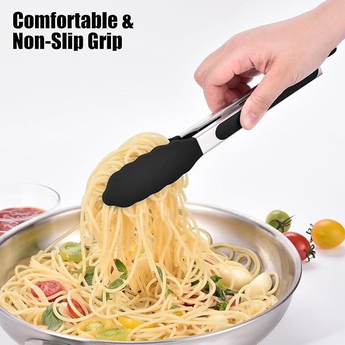 Doosu Kitchen Tongs with Silicone Tips for Cooking Serving (9in, Black) | 600°F Heat Resistant Food Tong, Heavy Duty Stainless Steel Locking Tong for BBQ, Grilling Steak, Salad, Toast, Pasta