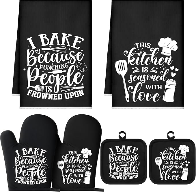 Sratte 6 Pcs Kitchen Decor Accessories Set Set, Baking, Black | Farmhouse Kitchen Towels Pot Holders Oven Mitts Set 2 Dish Towels 2 Potholders 2 Cooking Mittens for Baking Cooking Supply