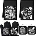 Sratte 6 Pcs Kitchen Decor Accessories Set Set, Baking, Black | Farmhouse Kitchen Towels Pot Holders Oven Mitts Set 2 Dish Towels 2 Potholders 2 Cooking Mittens for Baking Cooking Supply