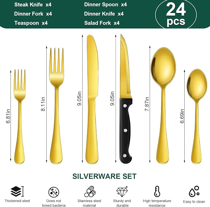 24-Piece Gold Silverware Set with Steak Knives Black Stainless Steel Flatware Set for 4 Food Grade Tableware Cutlery Set Rust-proof, Mirror Polished, Dishwasher Safe