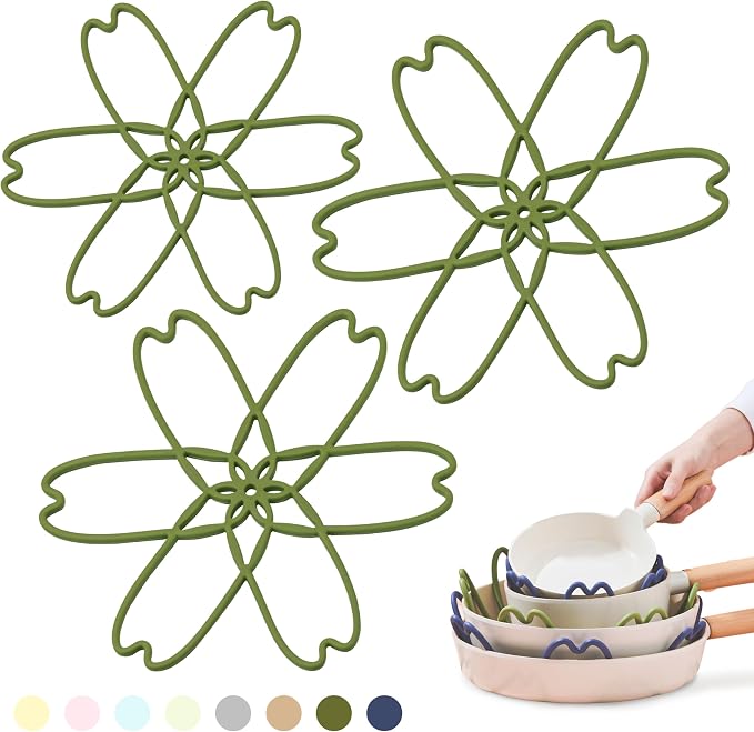 Silicone Pan Protectors for Stacking 3 Piece (Matcha Green, S&L) | Pot Separators for Cookware, Prevent Scratch, Protect Coating, Dishwasher Safe, Multi-Purpose Heat Resistant Trivets