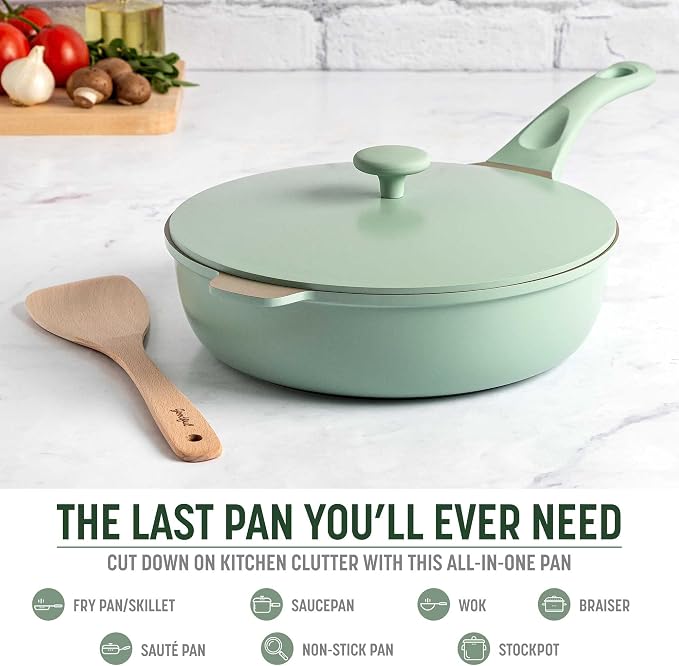 Goodful All-in-One Pan, Multilayer Nonstick Cookware Set, High-Performance Construction, Multipurpose Design Replaces Multiple Pots and Pans, Dishwasher Safe, 11-Inch, 4.4-Quart Capacity, Sage Green