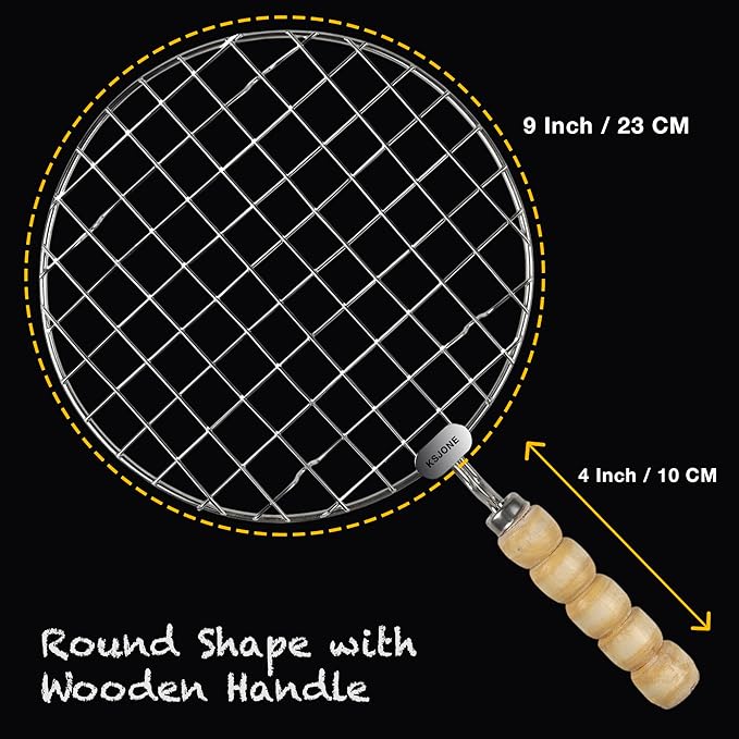 KSJONE Stainless Steel Multi-Functional Wire Steaming Cooling and Baking Barbecue Rack Round Wire Roaster Rack/Papad Jali/Roti Grill Round Shape with Wooden Handle