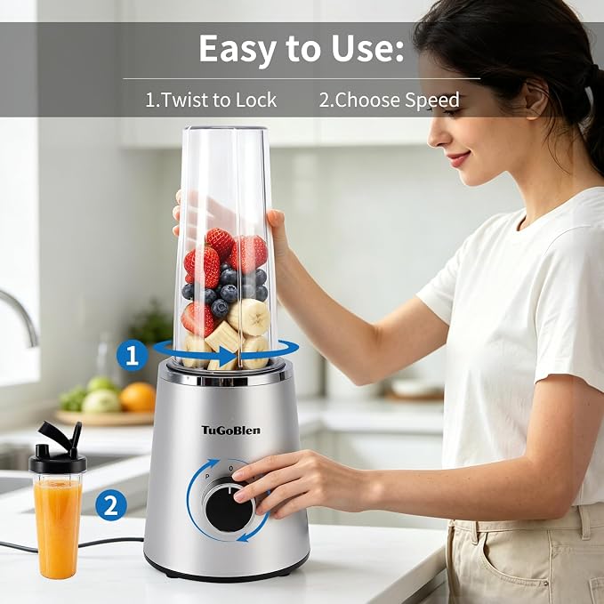 TuGoBlend Mini Blender with 2 Portable Cups (20oz + 13.5oz), 4-Blade Stainless Steel Blade Base, Personal Blender for Smoothies, Shakes, Juices, BPA-Free for Home, Office, Gym & Travel