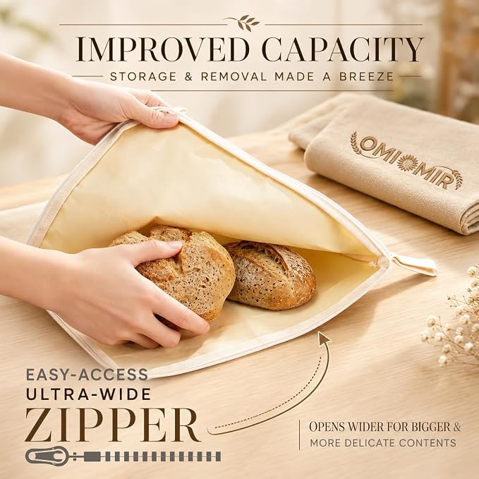 2 Pack XL Beeswax Bread Bags, Wide Zipper Reusable Sourdough Loaf Storage | Natural beeswax & cotton-flax blend. Zipper-seal keeps artisan bakes & produce fresher for longer. Fridge & freezer ready