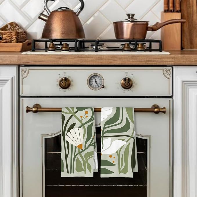 Abstract Boho Sage Green Floral Kitchen Towels Set of 2, 70s Retro Groovy Boho Botanical Dish Tea Towels for Kitchen Decor, Mid Century Modern Hand Towels for Bathroom Decor, 16x24 Inch