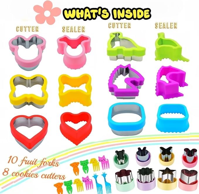 Uncrustable Sandwich Cutter, Crustless Sandwich Cutter and Sealer Set | 24PCS Sandwich Cookie Cutters & Forks, Heart Square Dino Mouse Butterfly Unicorn Shapes, Lunch & Bento Box Accessories