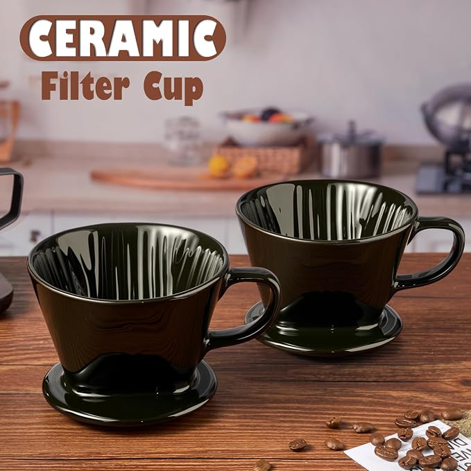 Pour Over Coffee Dripper, Ceramic Pour Over Coffee Maker, Black | 3 Holes Flat Bottom, Easy Manual Brew Maker, Porcelain Slow Filter Cone for Travel, Camping, Office, Home