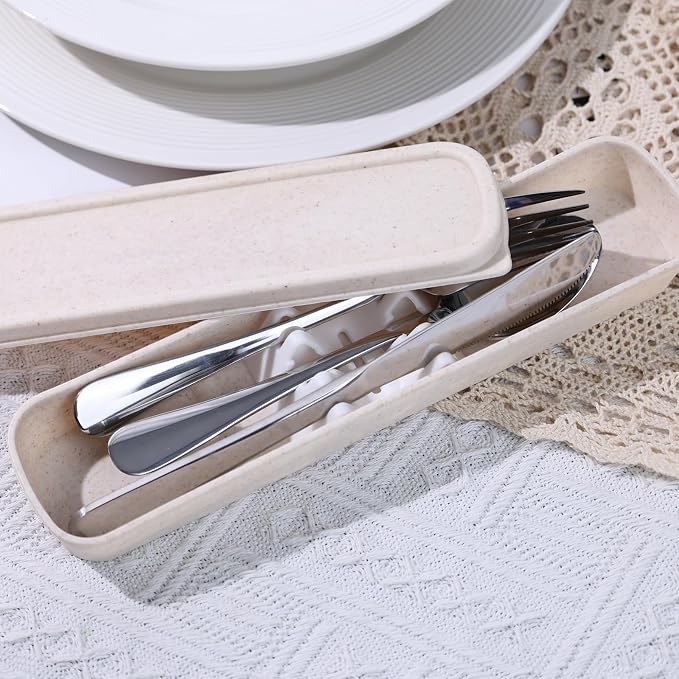 HANSGO Travel Utensils with Case, 4PCS Stainless Steel Portable Cutlery Set, Built-in Card Slot Design for Fixing Tableware, Easy-Open Lid, Lunch Box for Camping Work School, Dishwasher Safe, Beige