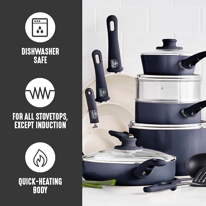 GreenLife 16 Piece Ceramic Nonstick Pots & Pans Cookware Set, Black & Cream | PFAS-Free Nonstick Coating, Stockpot, Frying Pans, Saucepans, Sauté Pan, Stay-Cool Handles, Dishwasher & Oven Safe up to 350F