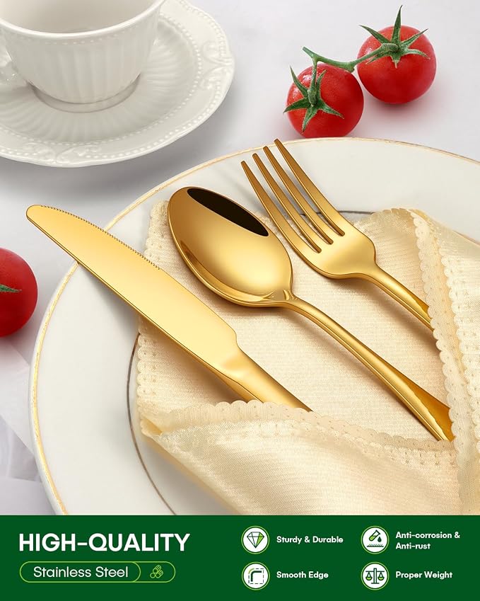 PHILIPALA 40 Piece Gold Silverware Set, Stainless Steel Flatware Set for 8 Food Grade Novelty Flatware Cutlery Utensil Set Include Knife Fork Spoon Mirror Polished Dishwasher Safe