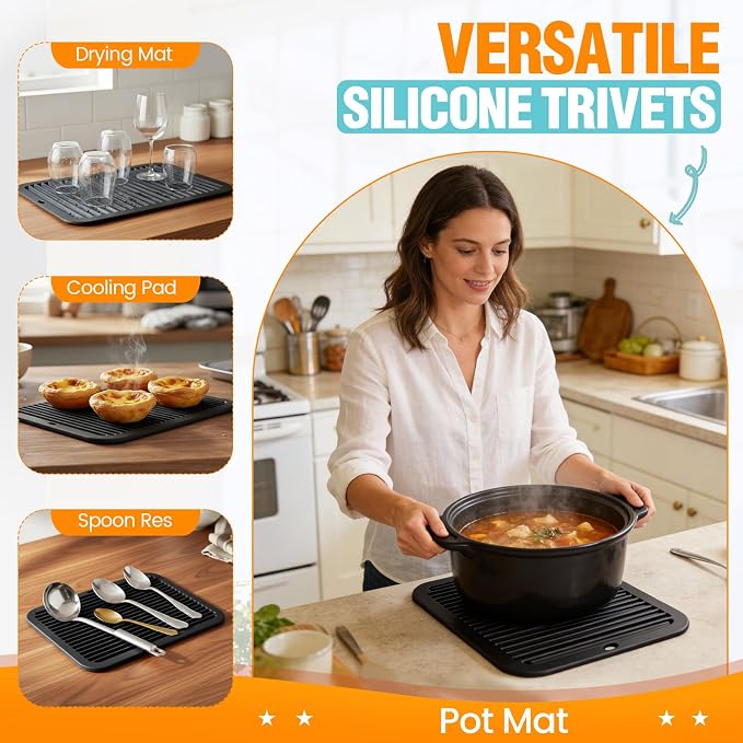 Silicone Trivets for Hot Pots and Pans - 2 Heat Resistant Pot Holders Silicone Trivet Mat Multipurpose Counter Pads (Black)