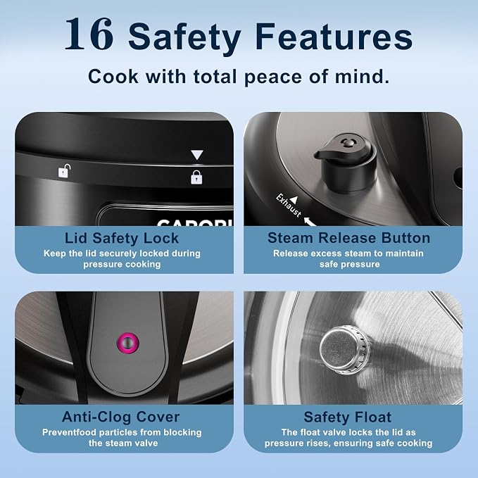 8Qt Electric Pressure Cooker 12-in-1, 1200W Stainless Steel Multi-Cooker, Slow Cook, Rice Cook, Steamer, Sauté, Yogurt Maker, Warmer & Sterilizer, Safer Venting Design with Recipe Book, Black